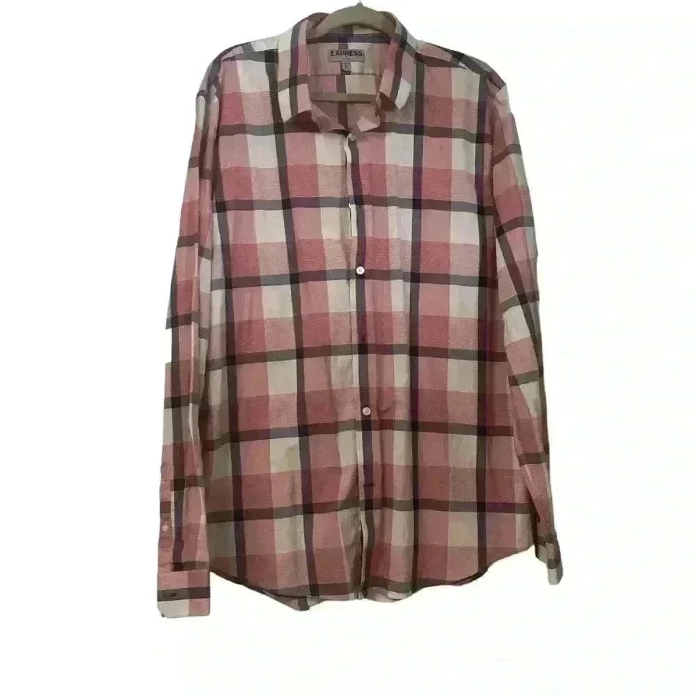 Express fitted men’s dress shirt button down red, white and blue check sz xl